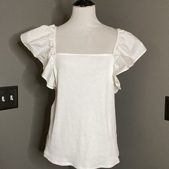 A New Day White Flutter Sleeve Ribbed Top - Picture 1 of 7